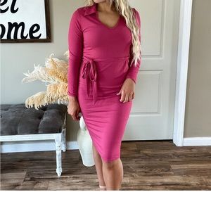 Pink belt dress. Great for maternity or baby shower!